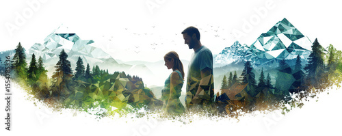 Couple enjoying nature amidst a geometric landscape with mountains and trees at sunrise