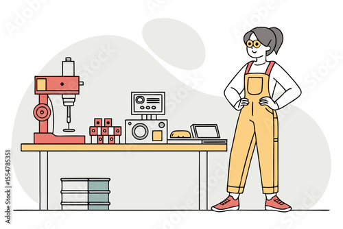 Confident young woman standing in workshop with tools and machines nearby