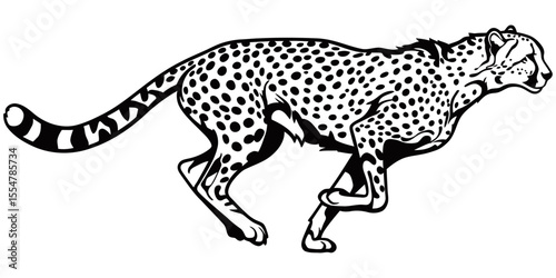Swift Silhouette: A dynamic black and white illustration captures the raw power and agility of a cheetah in full sprint, a symbol of speed and the untamed spirit of the wild.