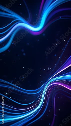 Abstract Blue and Purple Neon Light Streaks, Dynamic Swirling Energy, Futuristic Technology Background.