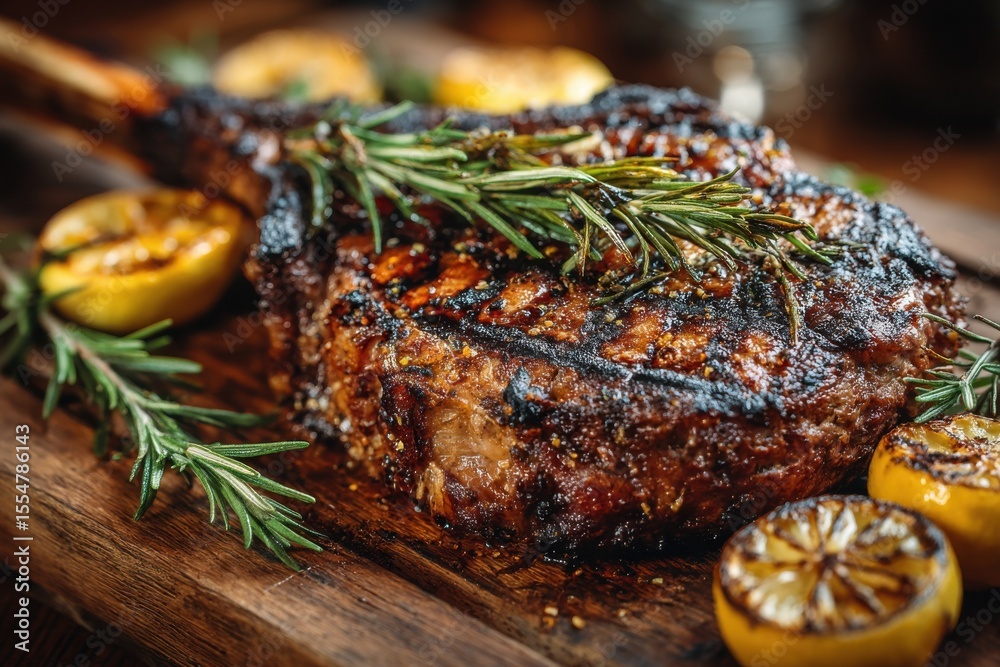 Thick, grilled steak is garnished with fresh rosemary and accompanied by charred lemon wedges on a wooden serving board Thick, grilled steak is garnished with fresh rosemary and accompanied by charred lemon wedges on a wooden serving board