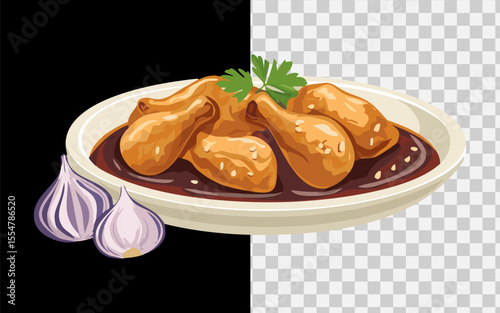 A traditional Filipino adobo dish with chicken, soy sauce glaze, and garlic, served with white rice and leaf presentation