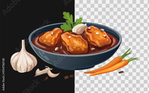 A traditional Filipino adobo dish with chicken, soy sauce glaze, and garlic, served with white rice and leaf presentation
