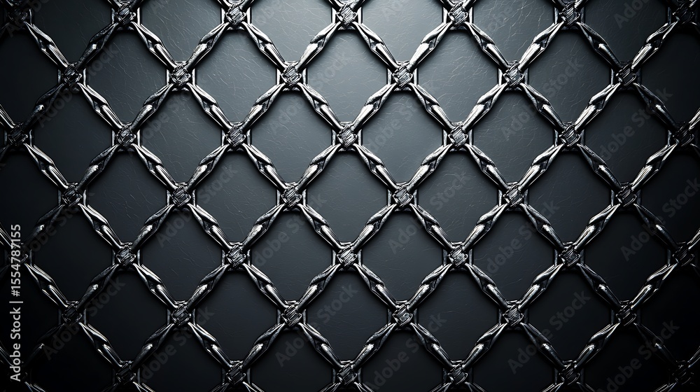 Fototapeta premium Close-up image of a metallic chain link fence with sharp barbed wire details against a dark, textured background.