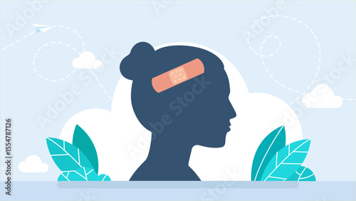 Woman face after domestic violence. Smashed girl face. Female head and brain covered with plaster. Concept of mental health, dementia, headache. Head trauma, amnesia illustration. Vector illustration