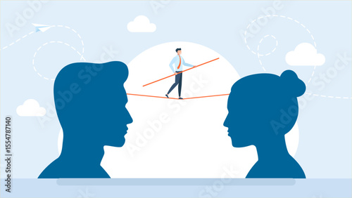 A tightrope walker walks between silhouettes of the heads of a man and a woman. Family relationships. Psychology of relationships in a couple. Vector illustration