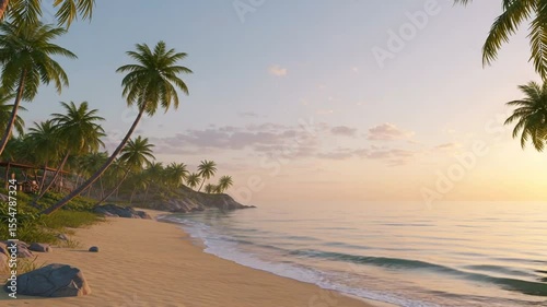 Serene tropical beach at sunset with palm trees, gentle waves, and a tranquil atmosphere