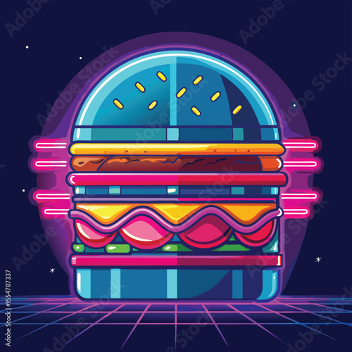 Retro Futuristic Burger 80s Synthwave Fast Food Illustration