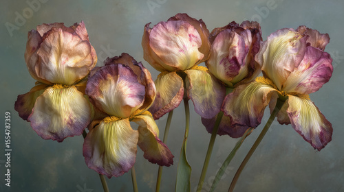 An artistic still life of a bouquet of wilting iris flowers. A beautiful, melancholic concept of fading beauty, nostalgia, and the passage of time.