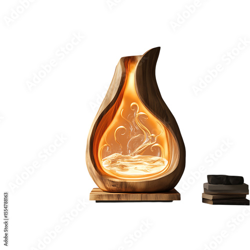 Elegant wooden essential oil diffuser emits a soft, warm glow, creating a calming and natural aromatherapy ambiance against a black background.