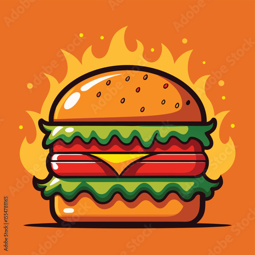 Flaming Hot Burger A Deliciously Fiery Illustration