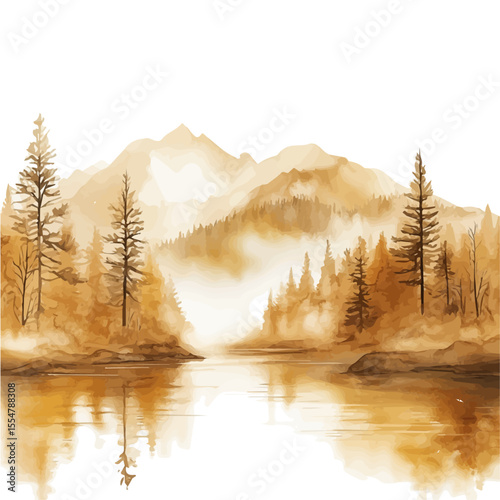 Golden Mist Above River, watercolor clipart vector, isolated on a white background.