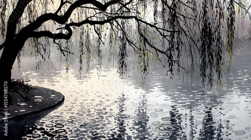 Silhouette of a weeping willow tree over a lake on a misty, rainy day. An atmospheric, melancholic painting with ripples and reflections on the water.