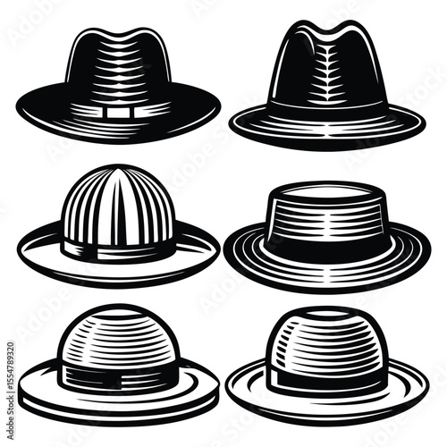 Collection of six black and white stylized hats in a grid layout