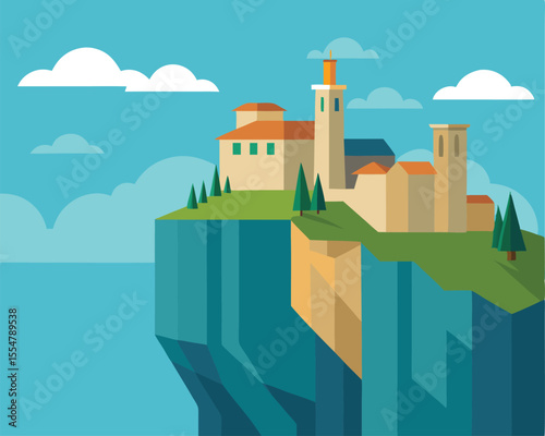 Vector art of a charming stone castle perches dramatically on a seaside cliff