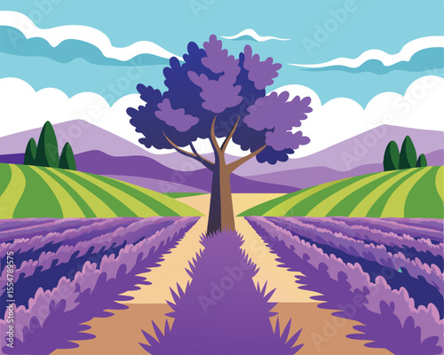 Vector art of a purple tree stands in the middle of a lavender field, with rolling green hills and a blue sky in the background