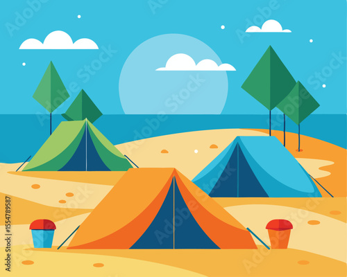 Vector art of three colorful tents are pitched on a sandy beach near the ocean under a bright summer sky