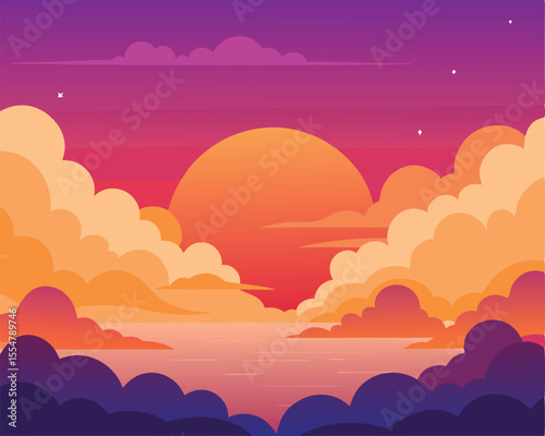 Vector art of vector illustration of a vibrant sunset over the ocean with colorful clouds