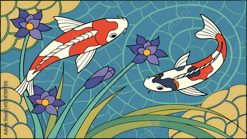 Colorful koi fish pond art print oriental japanese design with water lilies and aquatic plants art