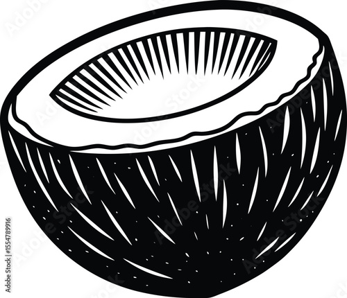 Stylized black and white illustration of a halved coconut with visible flesh and shell texture