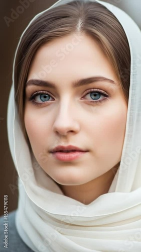 close-up portrait of a serene woman wearing a white headscarf. Her gaze is soft and direct, highlighting her gentle beauty