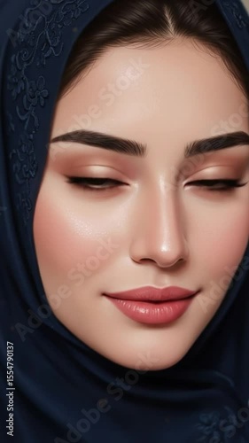 a woman's serene beauty, she gently gazes downwards while draped in a hijab. Her elegant makeup accentuates her eyes and lips, conveying a sense of tranquility and poise