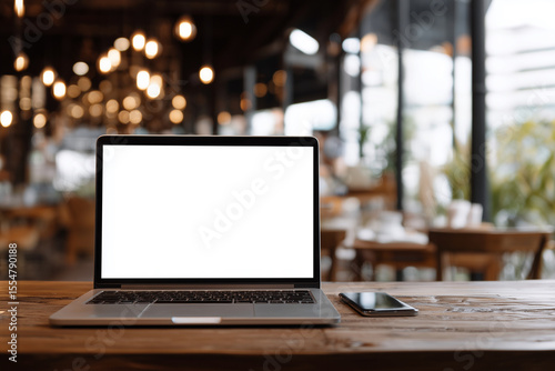 A laptop and a cell phone are on a wooden table in a restaurant