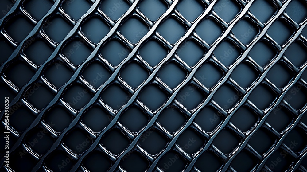 Fototapeta premium Close-up of a dark metallic chain-link fence with a diamond pattern, showcasing texture, shadows, and reflective surfaces.