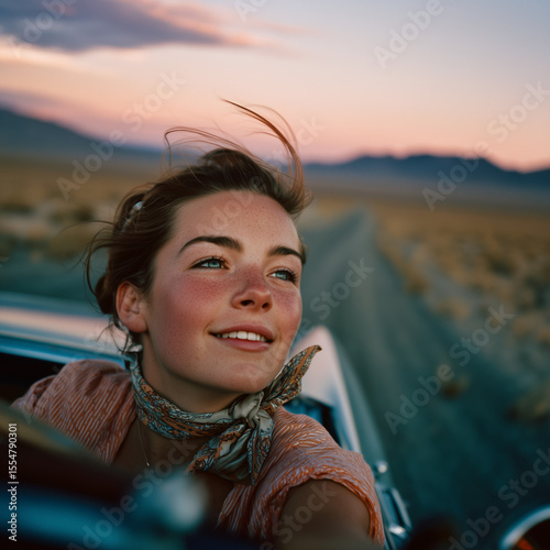 A beautiful young woman with wind in her hair smiles, enjoying a scenic desert road trip at sunset. A moment of pure freedom, joy, and adventure.