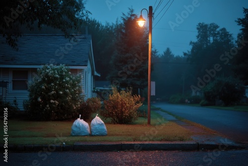 Two full trash bags rest on the curb near a suburban home in soft light from a nearby streetlamp during a foggy evening