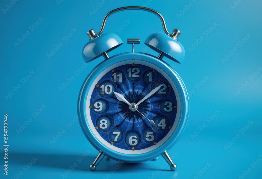 Vibrant blue retro alarm clock with artistic dial on blue background. Vibrant blue retro alarm clock with artistic dial on blue background.