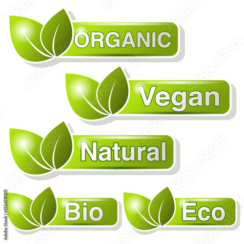 Set of natural eco products icons vector image of organic food stickers vegan food