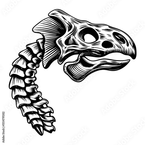 Dinosaur skeleton head and neck drawing. Detailed dinosaur bones illustration shows skull and cervical vertebrae.  Hand-drawn dinosaur skeleton for paleontology museum poster, or science textbook.