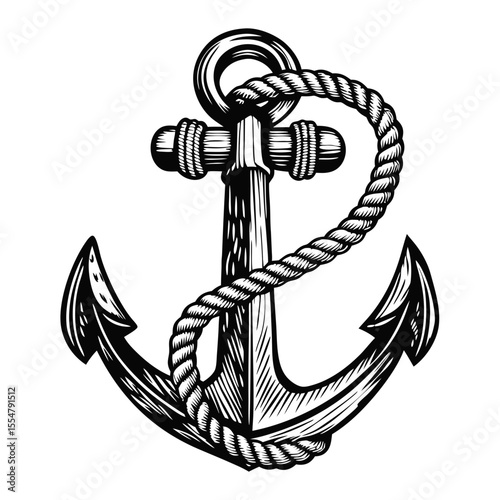 Nautical anchor with thick rope in hand-drawn engraving style. Detailed anchor illustration with coiled rope, perfect for maritime themed designs.