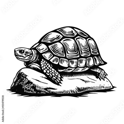 Turtle resting on rock. Hand-drawn style turtle illustration shows reptile on stone. Detailed engraving style image perfect for nature posters, wildlife magazines, or educational materials.