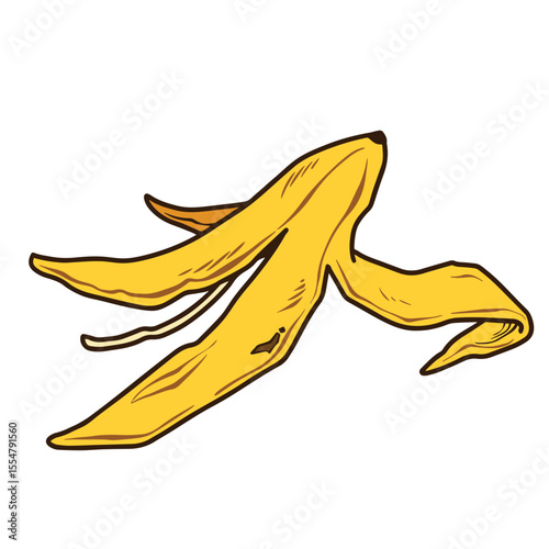 Yellow banana peel outlined illustration isolated on white background.