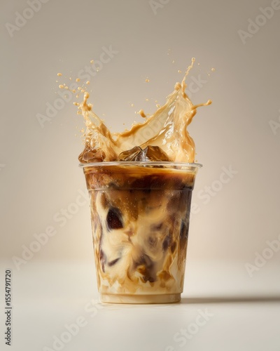 Close-up of caramel iced latte in a transparent cup showcasing swirling coffee texture blending with creamy milk, condensation droplets on the glass surface, commercial product photography