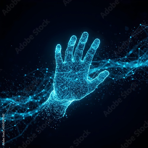 abstract hand digital art, futuristic glowing blue and green energy hand, cyberpunk science fiction hand silhouette, particle effects flowing energy hand illustration, 3d rendered glowing futuristic h
