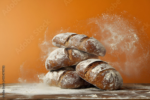 Fresh Artisan Sourdough Bread with Flour Splash on Rustic Wooden Table
