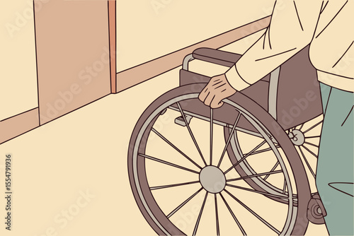 Close-up vector of elderly hand holding wheelchair wheel in healthcare hallway