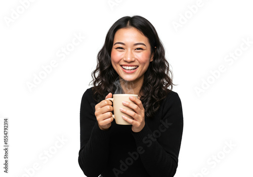 Smiling Asian woman holding a steaming coffee mug against a white background.