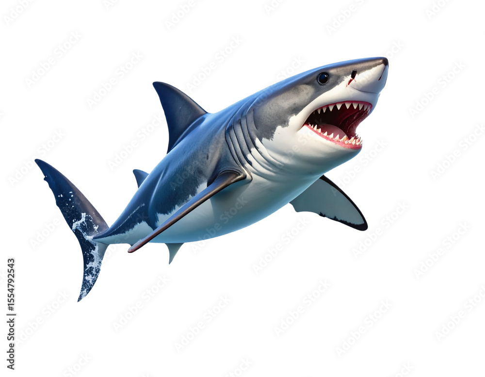 Fototapeta premium Shark Leaping Out of Water with Explosive Splash Dynamic Ocean Predator Transparent Background PNG