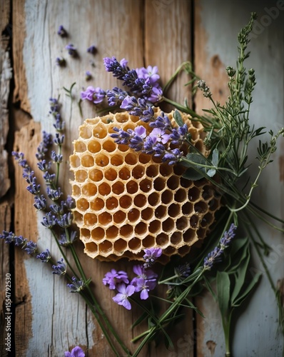 Honeycomb with Lavender on Rustic Wooden Background