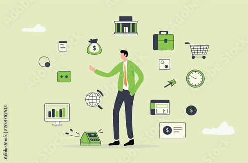 Modern business icons collection. Business to business concepts, case studies, new startups and SEO processes. Arrangement with green linear icons for successful office work and advertising.
