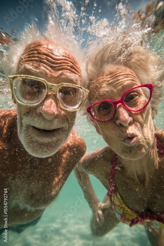 vivid portrait of grandfather and grandmother diving into the water with glasses