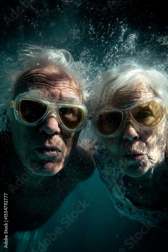 portrait of grandfather and grandmother diving into the water with glasses, active vacation