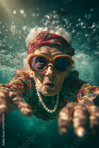 vivid portrait of funny grandmother diving into the water with glasses, summer