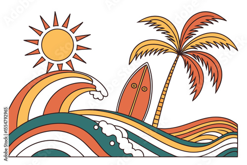 vector-graphic-with-waves--sun--surfboard--and-pal.eps
