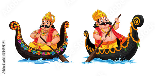 Cartoon king mahabali rowing decorated kerala snake boats - onam festival illustration, isolated on transparent background 