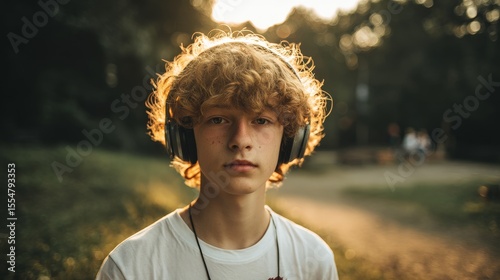 portrait of teenager in white t-shirt and headphone in the park